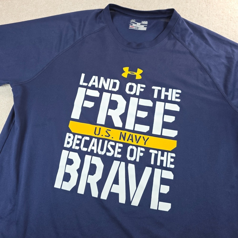 Under Armour T-Shirt Mens L Blue Loose HeatGear Land Of The Free Brave Graphic